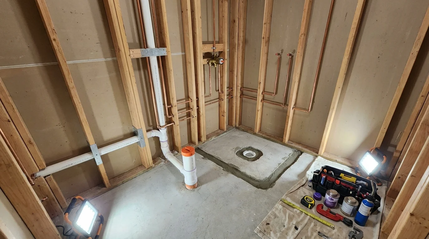 Bathroom rough-in plumbing during remodel by Johns Plumbing LLC in Ticonderoga
