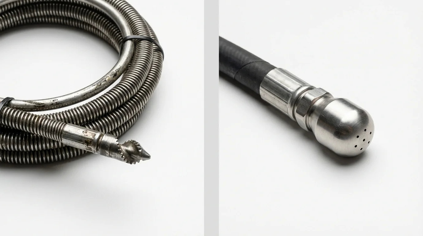 Drain snake cable and hydro jetting nozzle used for drain cleaning in Ticonderoga, NY