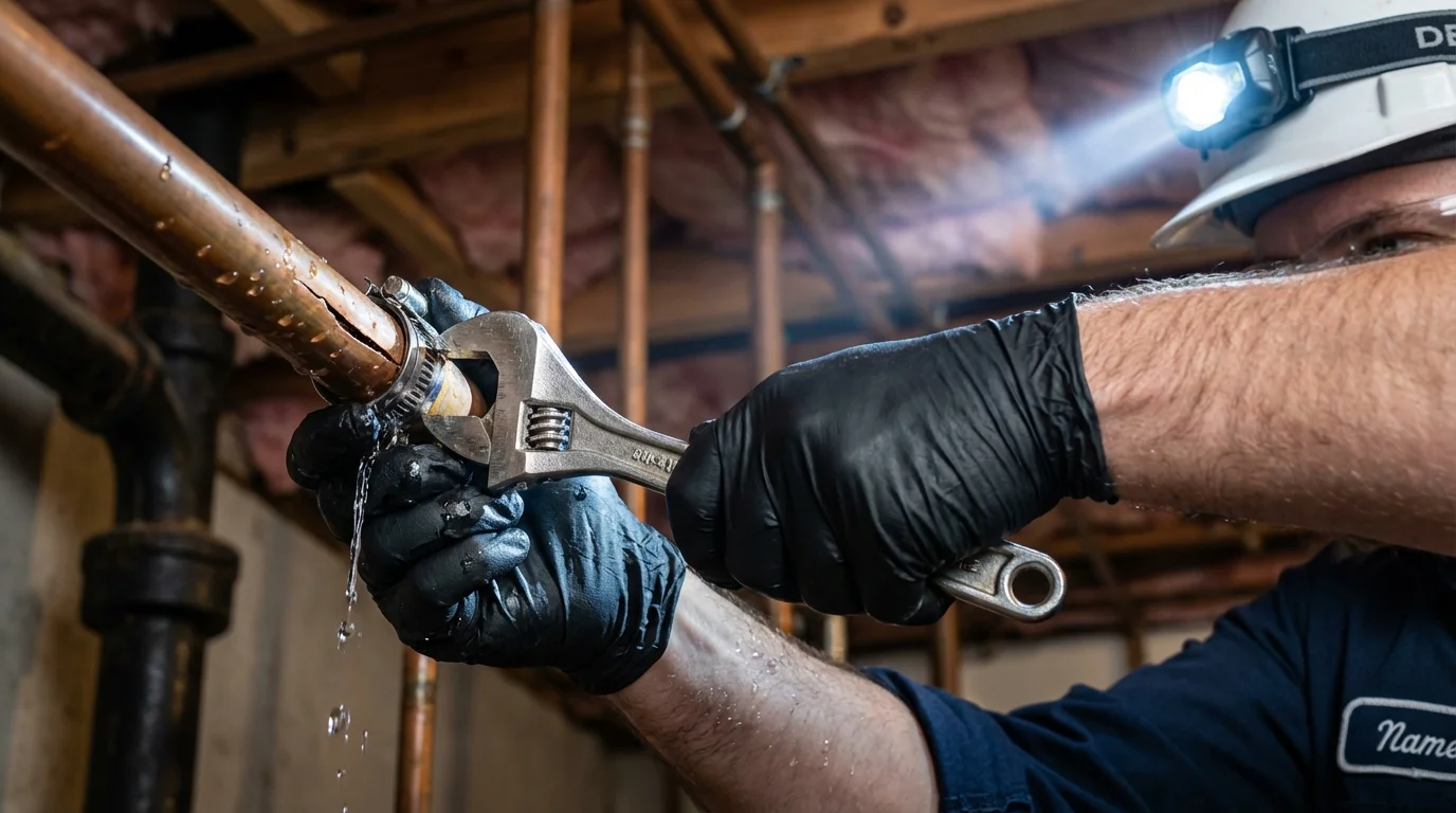 Emergency pipe clamp repair being performed by a Johns Plumbing LLC plumber in Ticonderoga