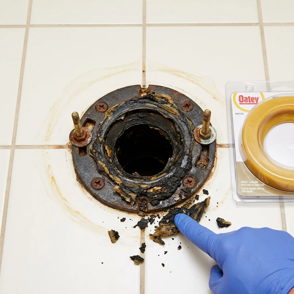 Failed wax ring showing water seepage at the base of a toilet in a Ticonderoga, NY home