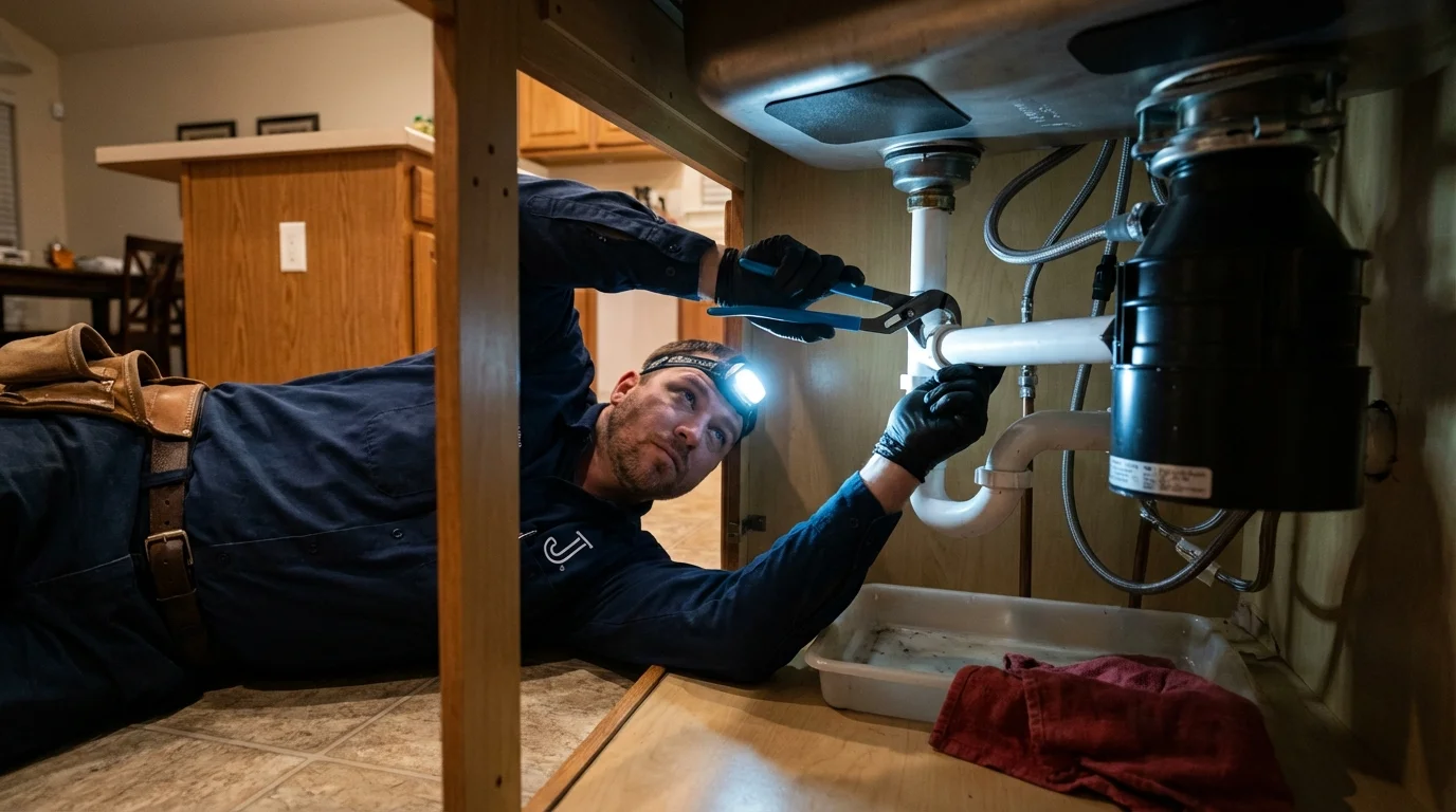 P-trap and supply line connections under a kitchen sink showing a common leak point in Ticonderoga, NY